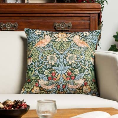 William Morris Strawberry Thief Tapestry Cushion in Green
