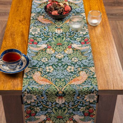 William Morris Strawberry Thief Tapestry Table Runner in Green