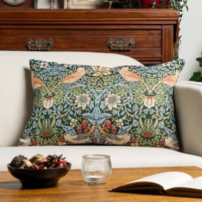 William Morris Strawberry Thief Tapestry XL Rectangular Cushion in Green