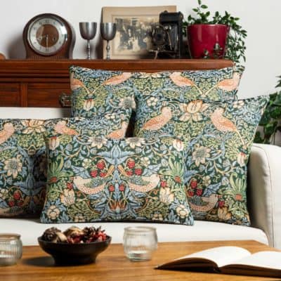 William Morris Strawberry Thief Tapestry XL Rectangular Cushion in Green