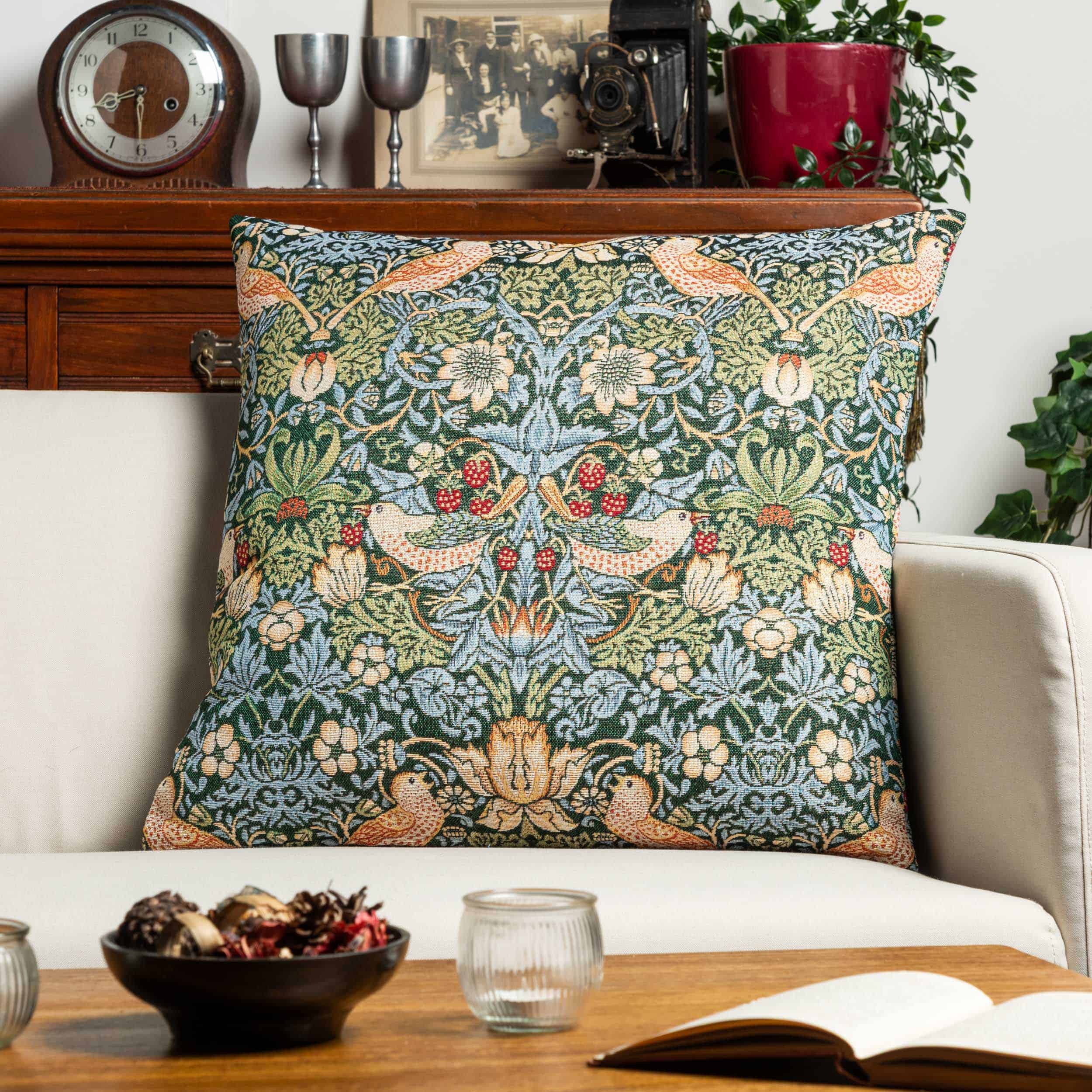 William Morris Strawberry Thief Tapestry Extra-Large Cushion in Green