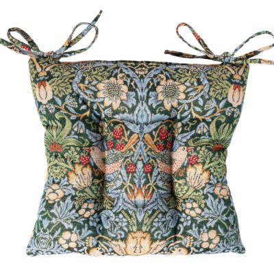 William Morris Strawberry Thief Tapestry Quilted Seat Pad in Green