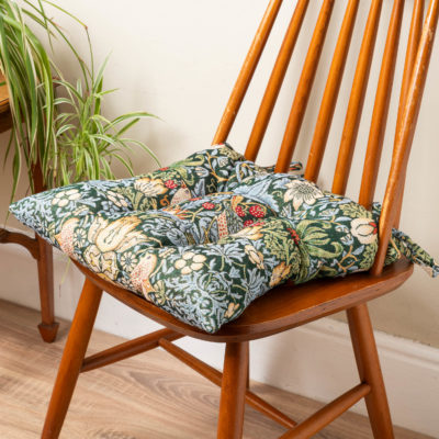 William Morris Strawberry Thief Tapestry Quilted Seat Pad in Green