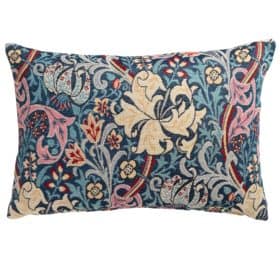 William Morris Golden Lily Tapestry Boudoir Cushion in Teal Blue