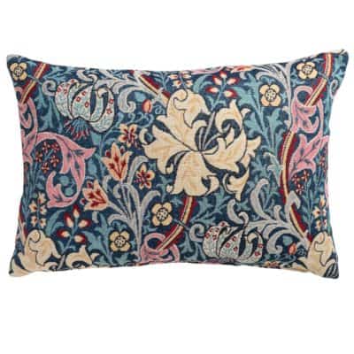 William Morris Golden Lily Tapestry Boudoir Cushion in Teal Blue