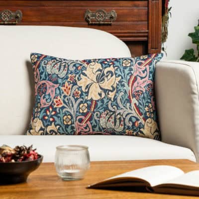 William Morris Golden Lily Tapestry Boudoir Cushion in Teal Blue