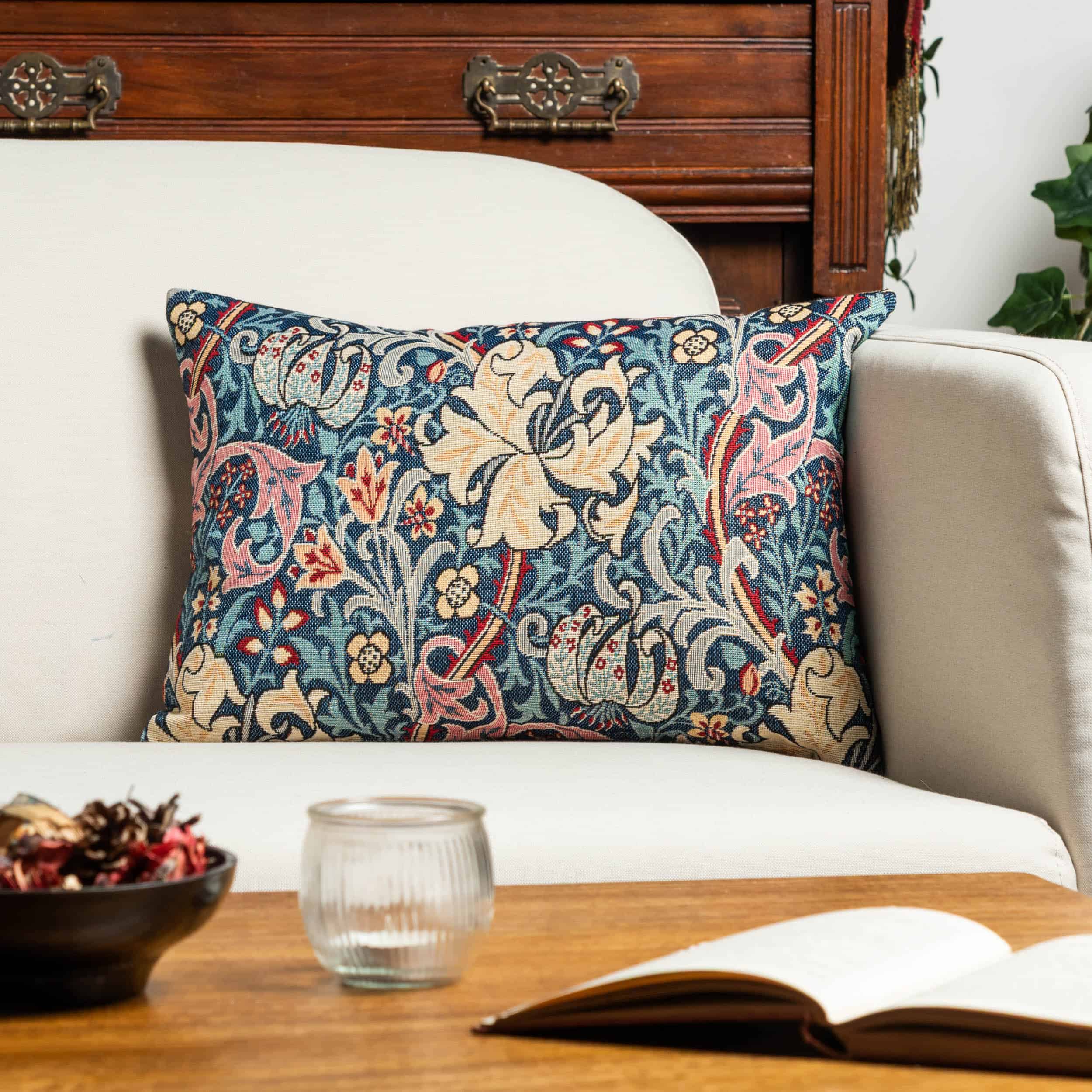 William Morris Golden Lily Tapestry Boudoir Cushion in Teal Blue