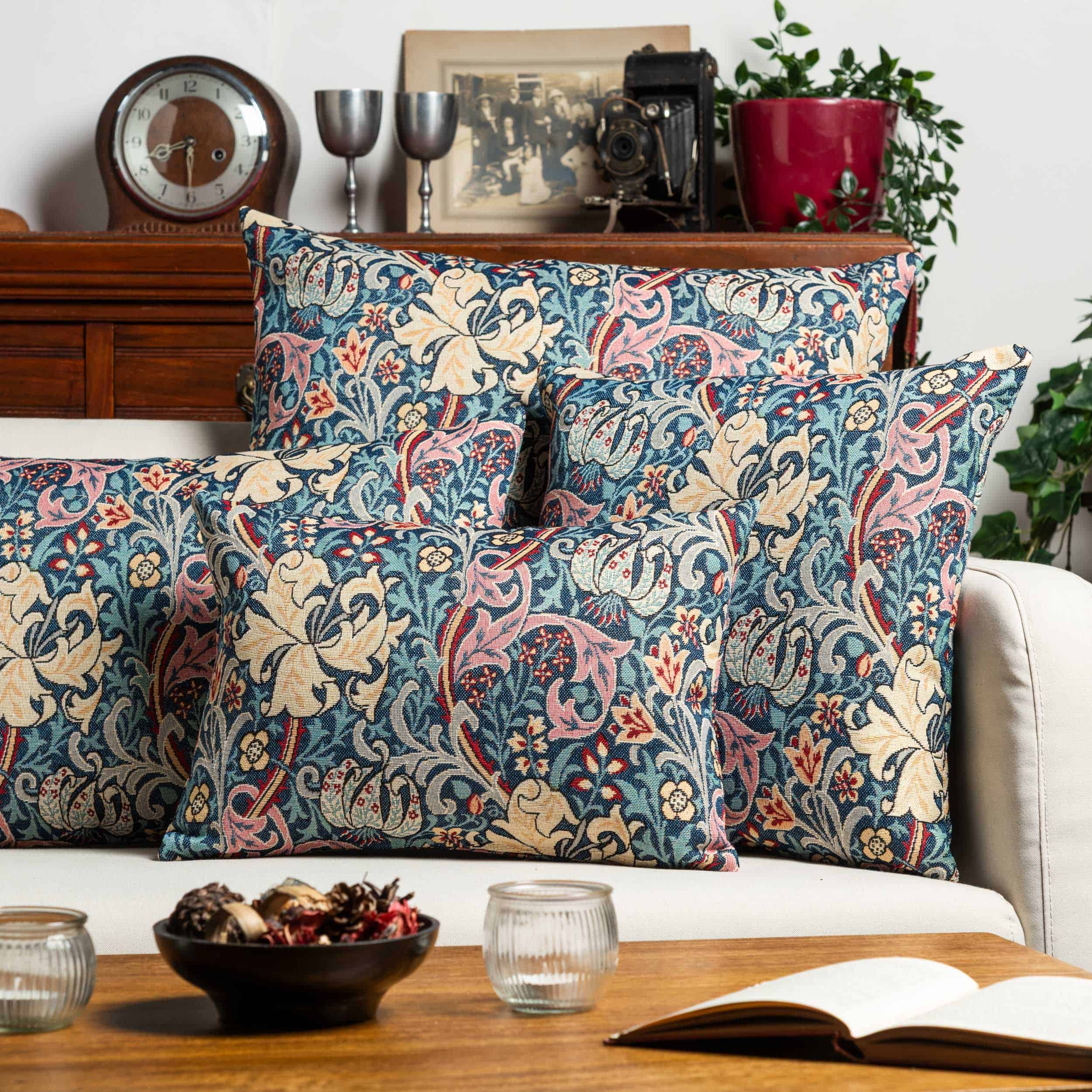 William Morris Golden Lily Tapestry Boudoir Cushion in Teal Blue