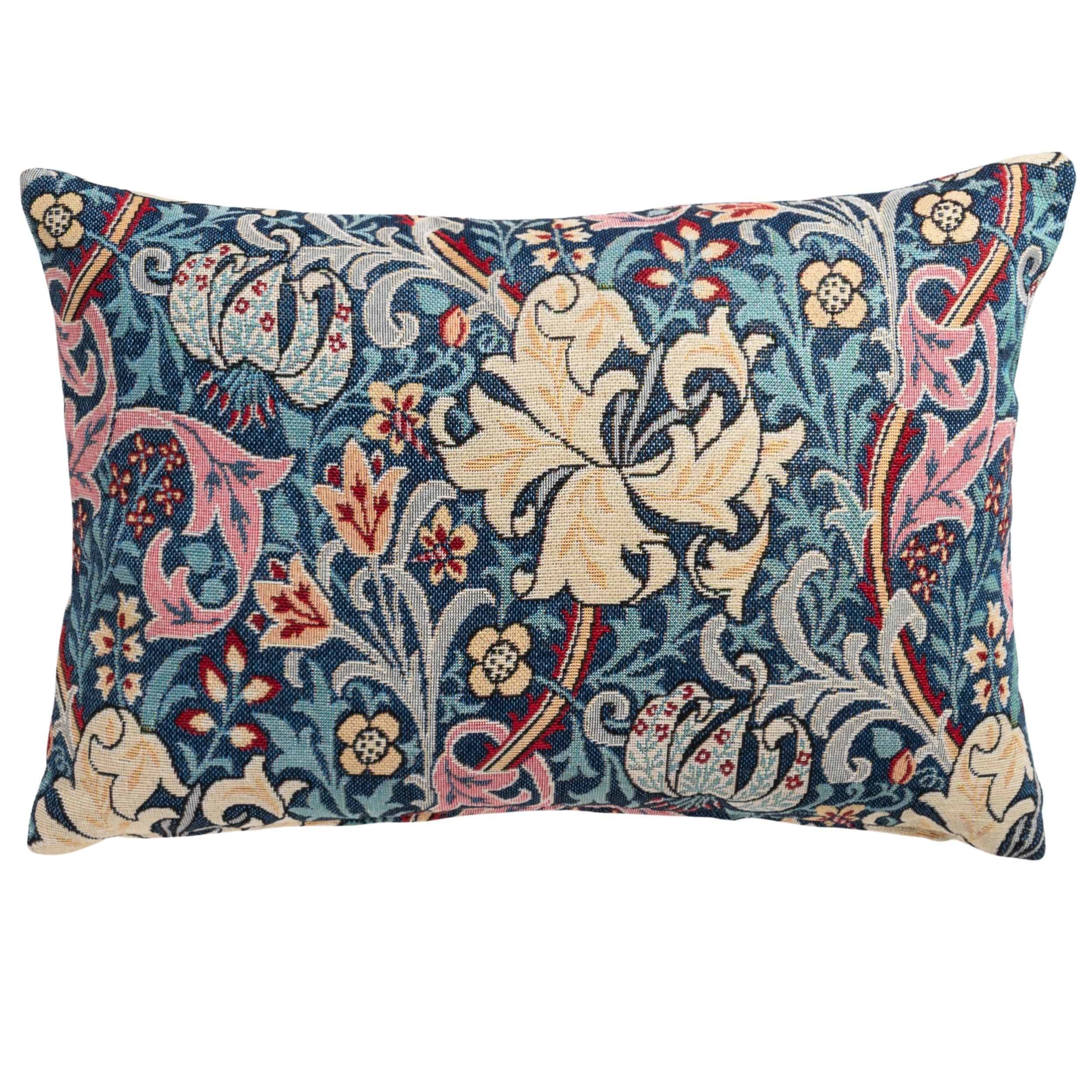 William Morris Golden Lily Tapestry Boudoir Cushion in Teal Blue