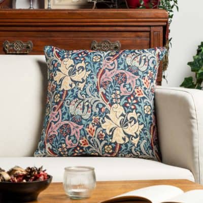 William Morris Golden Lily Tapestry Cushion in Teal Blue
