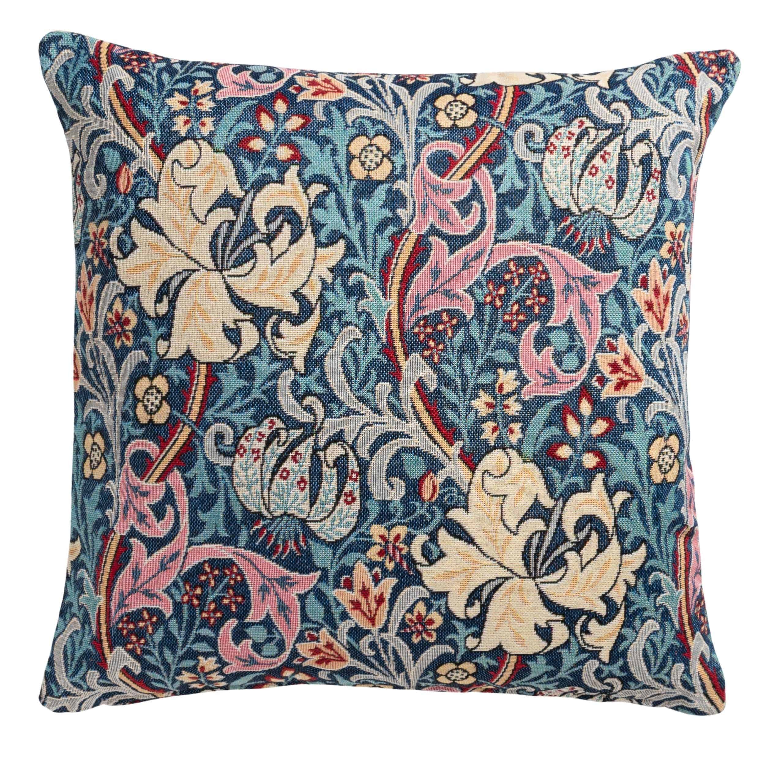 William Morris Golden Lily Tapestry Cushion in Teal Blue