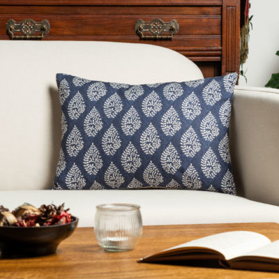 Linden Leaf Linen Blend Paisley Motif Boudoir Cushion in Indigo Blue
