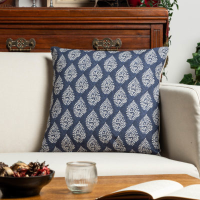 Linden Leaf Linen Blend Paisley Motif Cushion in Indigo Blue