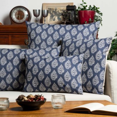 Linden Leaf Linen Blend Paisley Motif Cushion in Indigo Blue