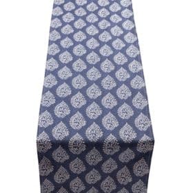 Linden Leaf Linen Blend Paisley Motif Table Runner in Indigo Blue