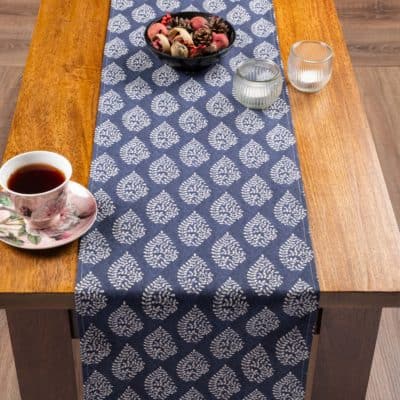 Linden Leaf Linen Blend Paisley Motif Table Runner in Indigo Blue