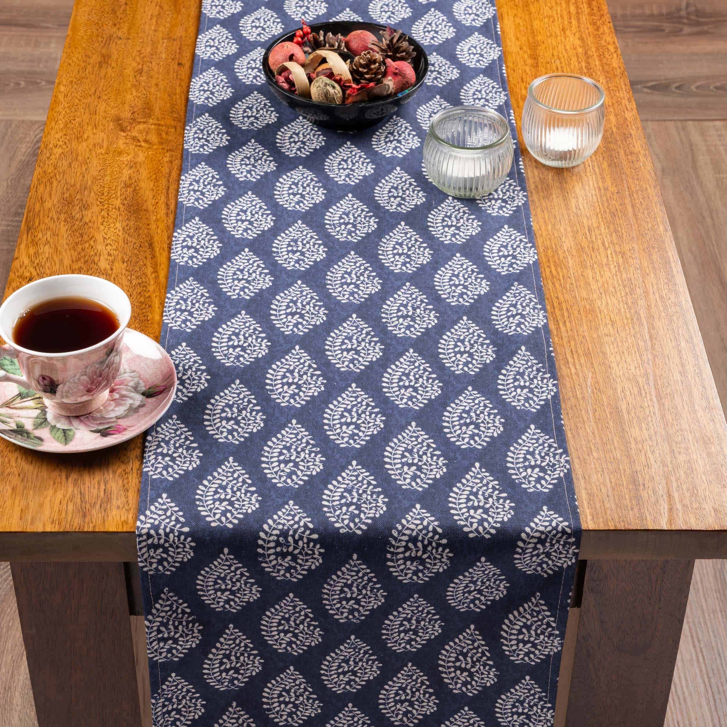 Linden Leaf Linen Blend Paisley Motif Table Runner in Indigo Blue