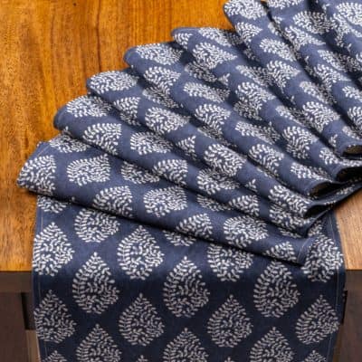 Linden Leaf Linen Blend Paisley Motif Table Runner in Indigo Blue