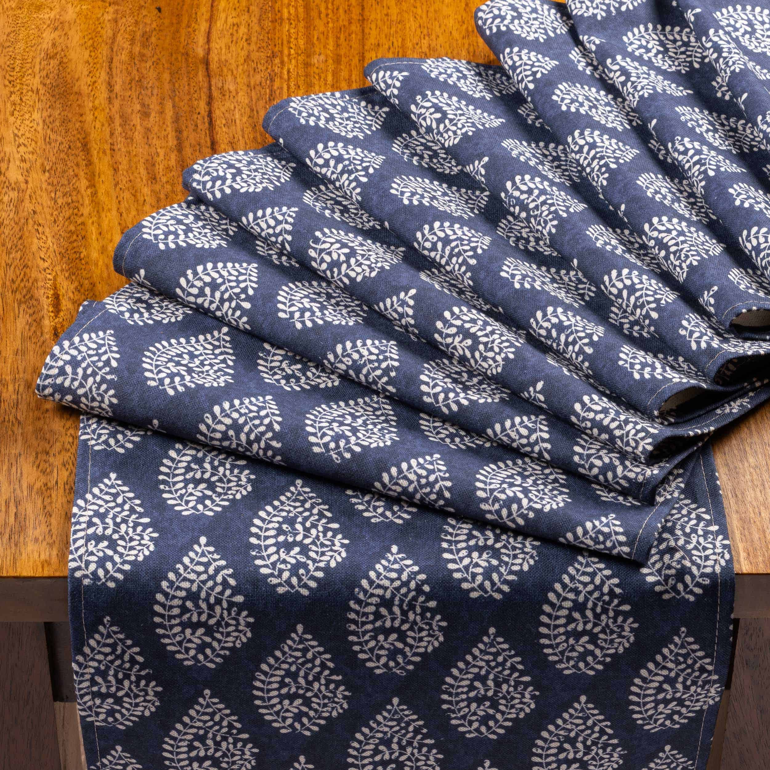 Linden Leaf Linen Blend Paisley Motif Table Runner in Indigo Blue