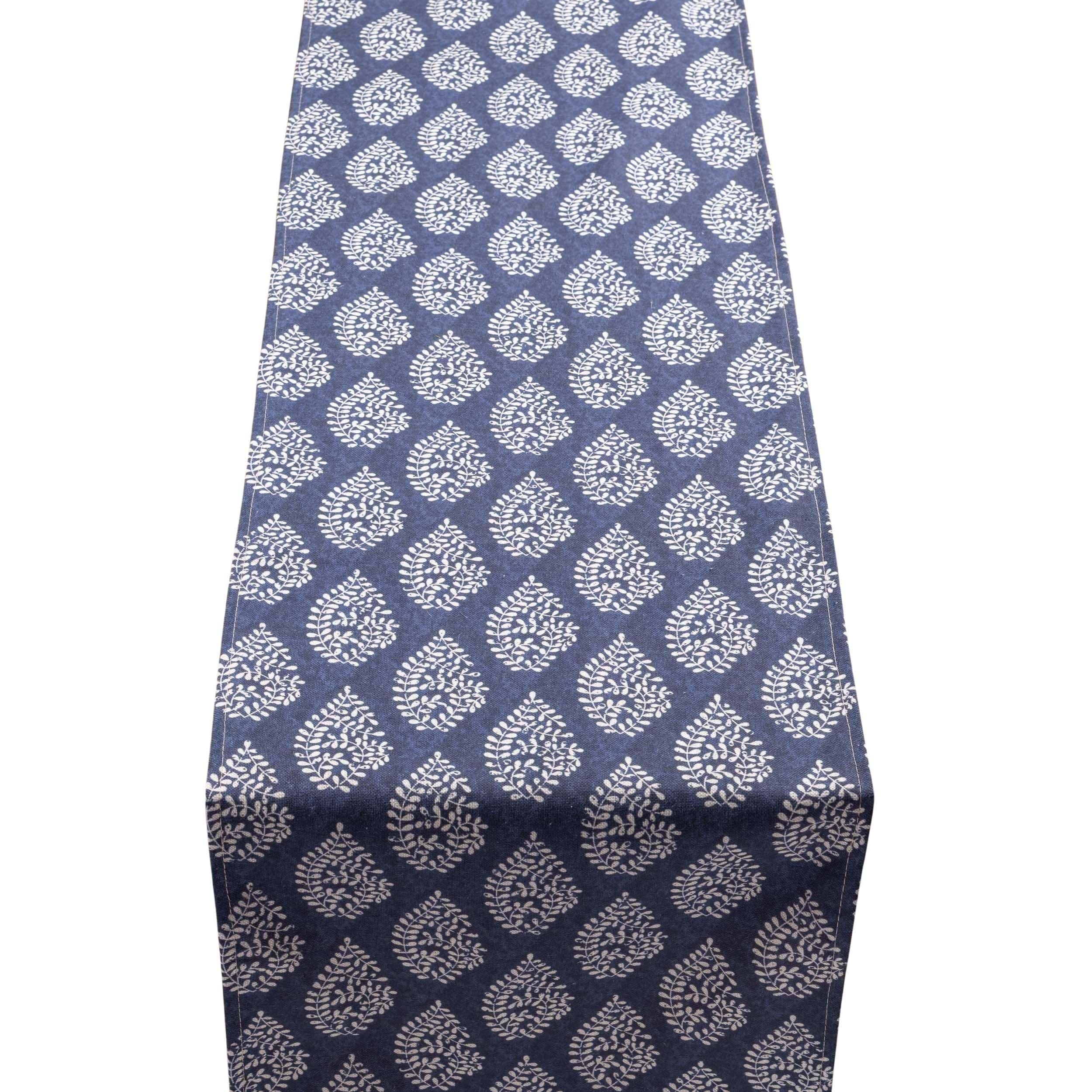 Linden Leaf Linen Blend Paisley Motif Table Runner in Indigo Blue