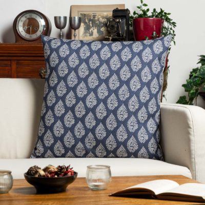 Linden Leaf Linen Blend Paisley Motif Extra-Large Cushion in Indigo Blue