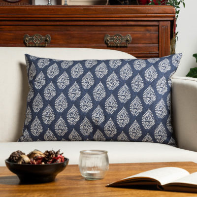 Linden Leaf Linen Blend Paisley Motif XL Rectangular Cushion in Indigo Blue