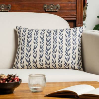 Linden Leaf Stripe Linen Blend Boudoir Cushion in Indigo Blue