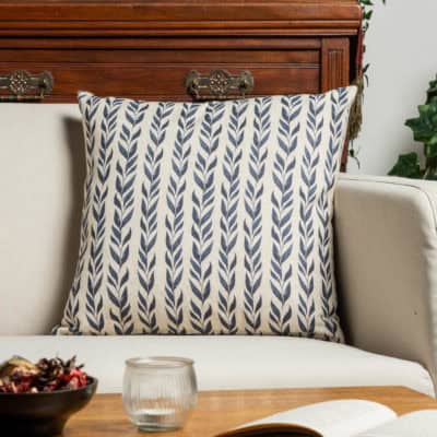 Linden Leaf Stripe Linen Blend Cushion in Indigo Blue