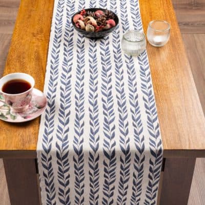 Linden Leaf Stripe Linen Blend Table Runner in Indigo Blue