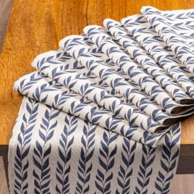 Linden Leaf Stripe Linen Blend Table Runner in Indigo Blue