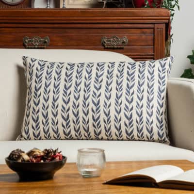 Linden Leaf Stripe Linen Blend XL Rectangular Cushion in Indigo Blue