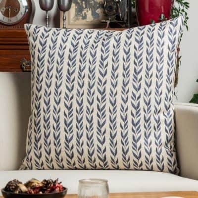 Linden Leaf Stripe Linen Blend Extra-Large Cushion in Indigo Blue