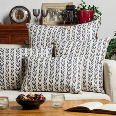 Linden Leaf Stripe Linen Blend Extra-Large Cushion in Indigo Blue