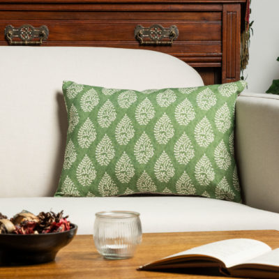 Linden Leaf Linen Blend Paisley Motif Boudoir Cushion in Fern Green