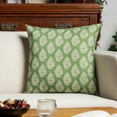Linden Leaf Linen Blend Paisley Motif Cushion in Fern Green