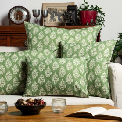 Linden Leaf Linen Blend Paisley Motif Cushion in Fern Green