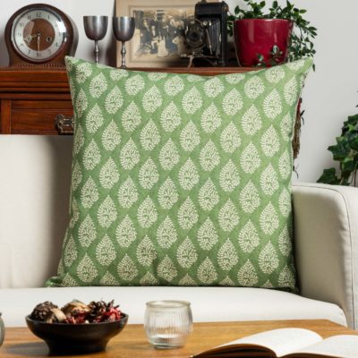Linden Leaf Linen Blend Paisley Motif Extra-Large Cushion in Fern Green