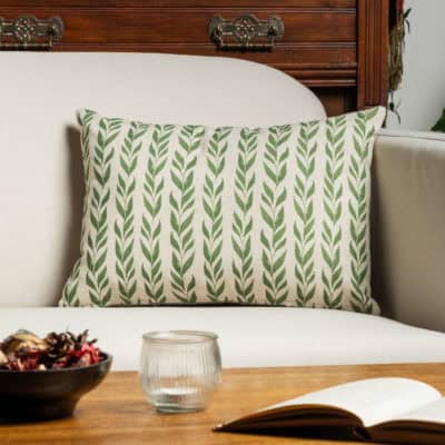 Linden Leaf Stripe Linen Blend Boudoir Cushion in Fern Green