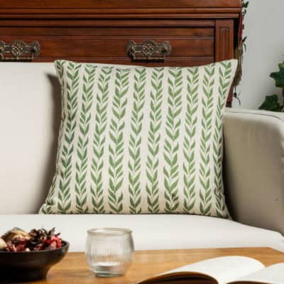 Linden Leaf Stripe Linen Blend Cushion in Fern Green