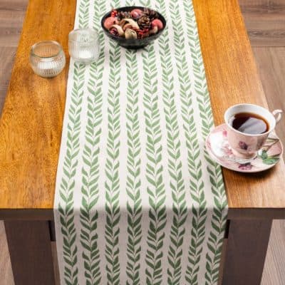 Linden Leaf Stripe Linen Blend Table Runner in Fern Green