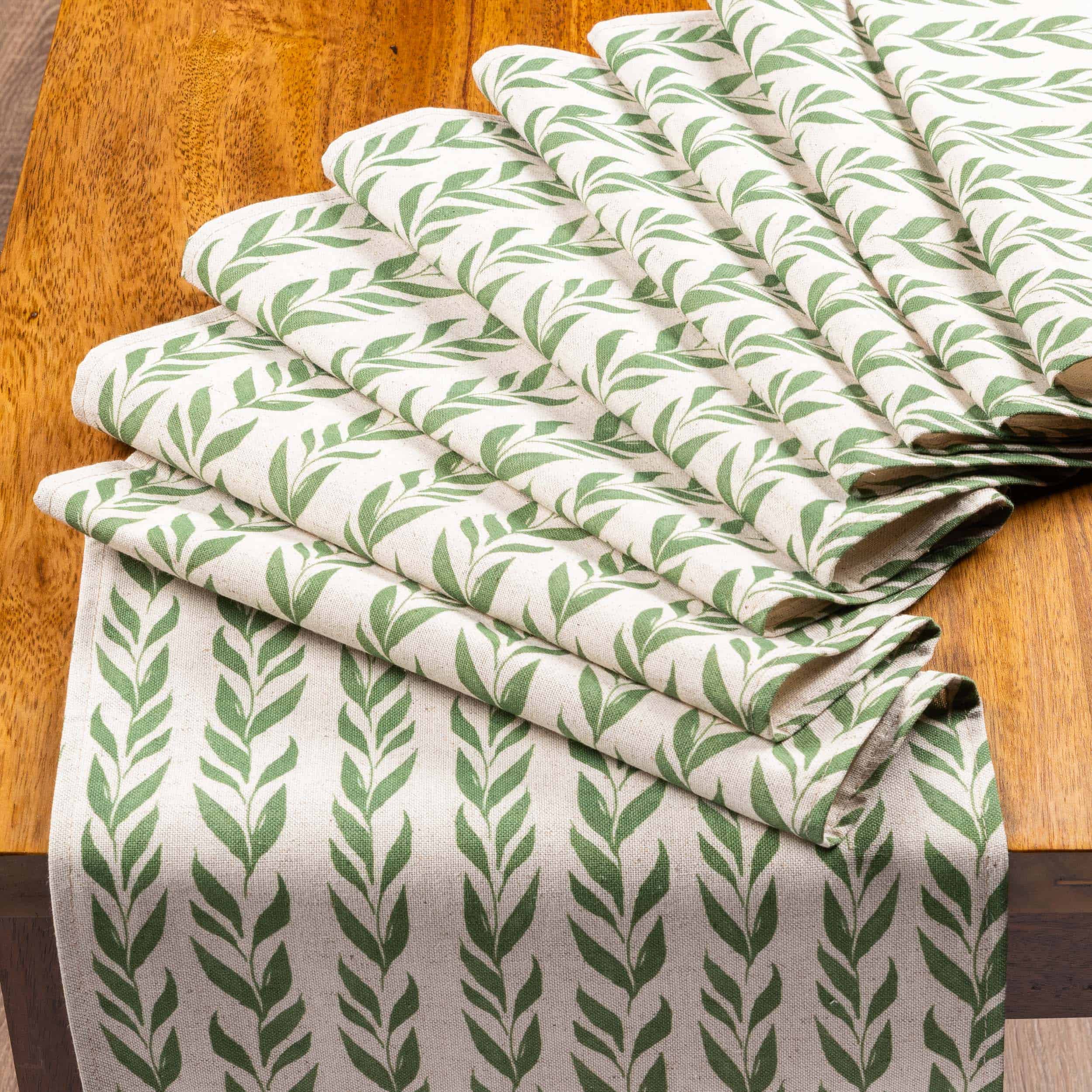 Linden Leaf Stripe Linen Blend Table Runner in Fern Green