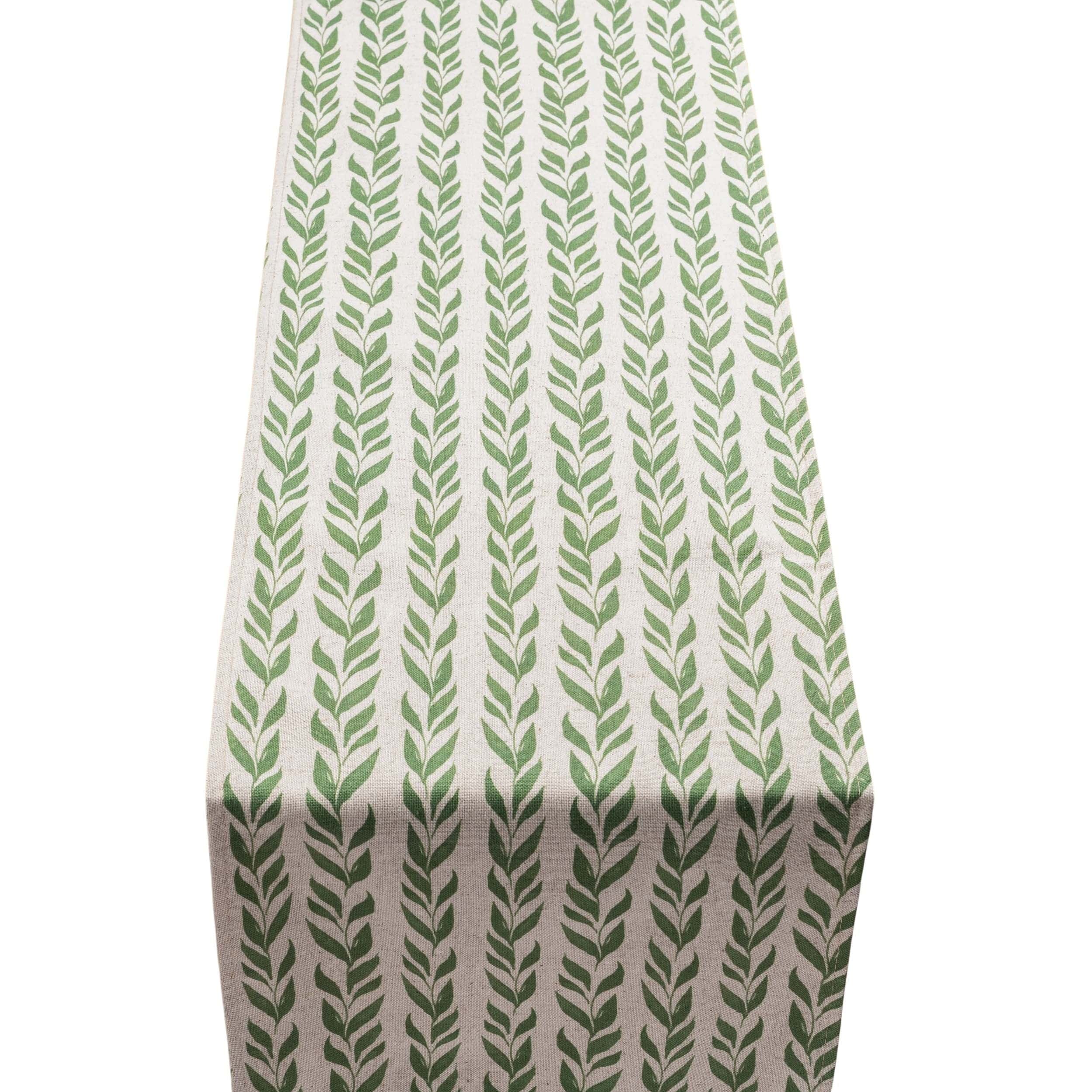 Linden Leaf Stripe Linen Blend Table Runner in Fern Green