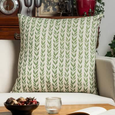 Linden Leaf Stripe Linen Blend Extra-Large Cushion in Fern Green
