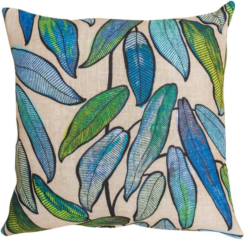 Linen Leaves Cushion in Petrol Blue and Hessian
