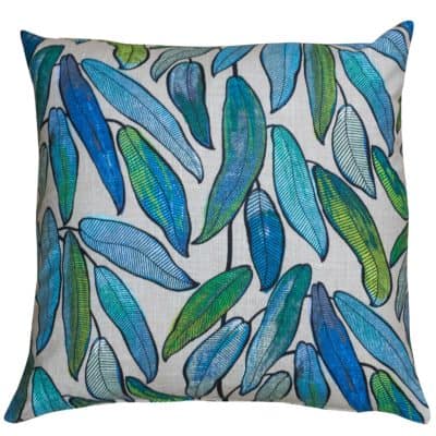 Extra-Large Linen Leaves Cushion in Petrol Blue and Hessian