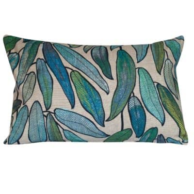 Linen Leaves XL Rectangular Cushion in Petrol Blue and Hessian