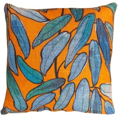 Linen Leaves Cushion in Petrol Blue and Tango