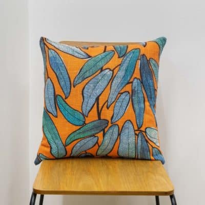 Linen Leaves Cushion in Petrol Blue and Tango