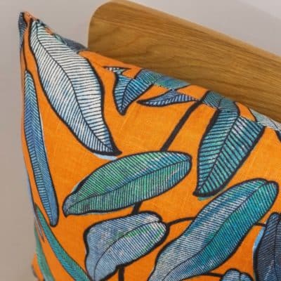 Linen Leaves Cushion in Petrol Blue and Tango