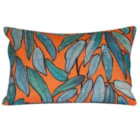 Linen Leaves XL Rectangular Cushion in Petrol Blue and Tango